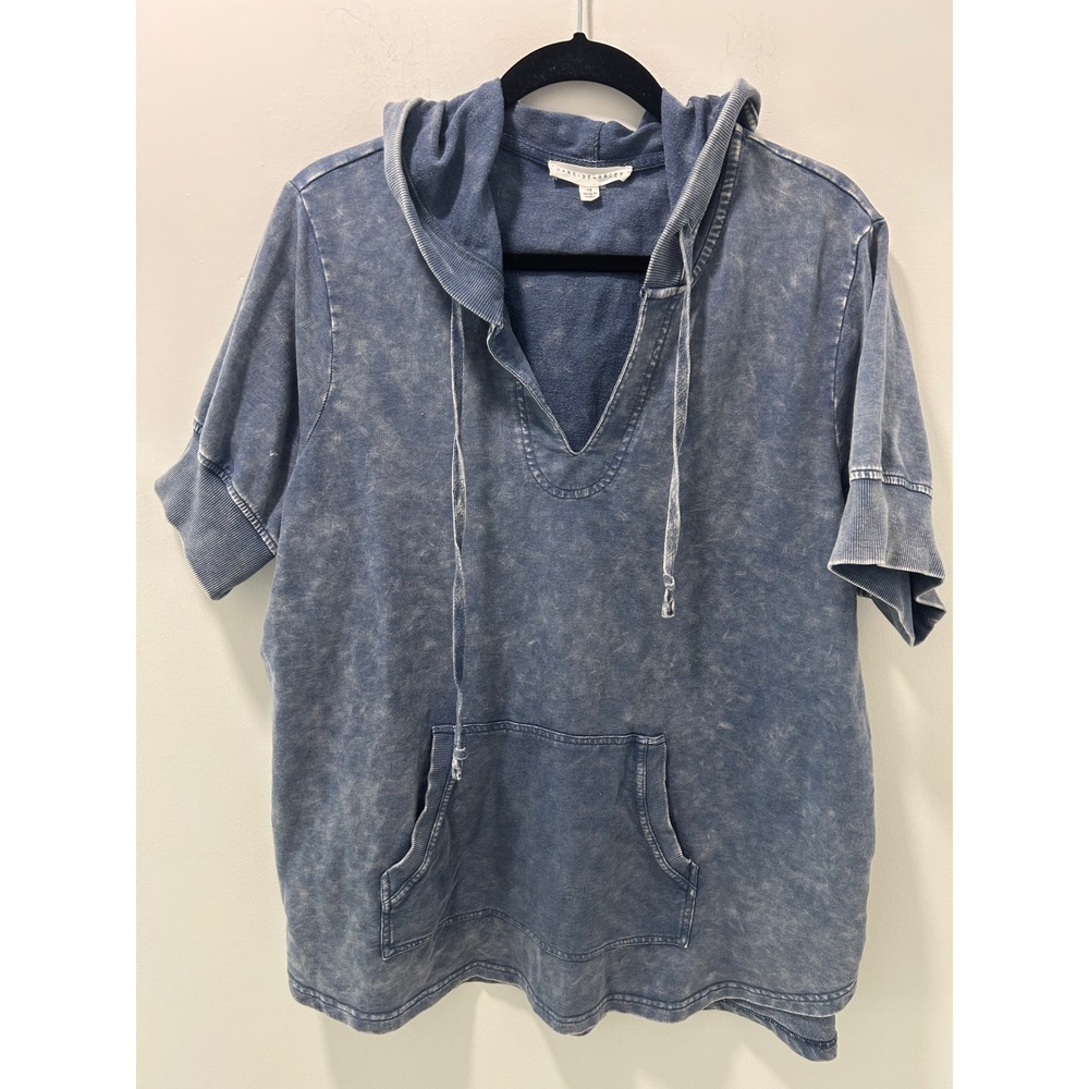 Jane + Delancey Blue Acid Wash Short Sleeve Hoodie V-Neck Pullover 1X